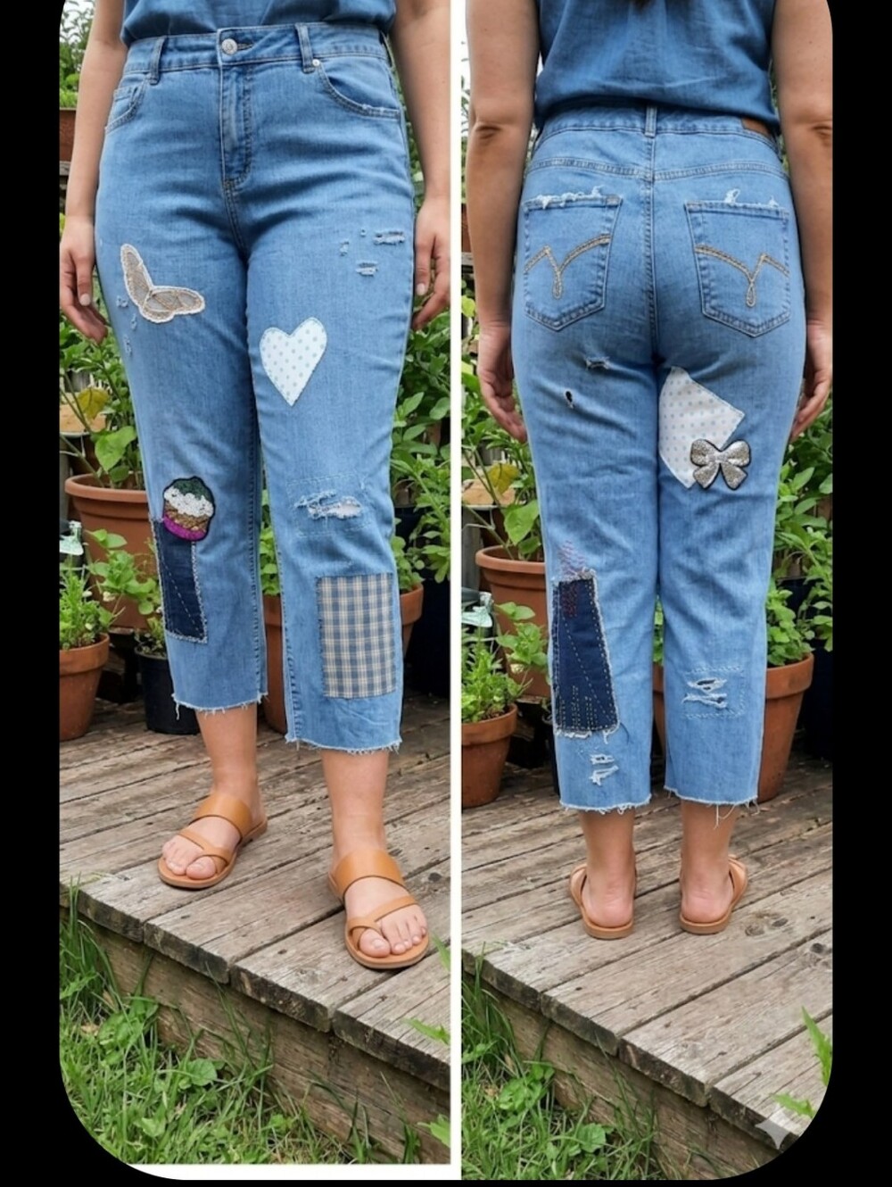 Upcycled distressed hand-patched cropped jeans 16 JMS